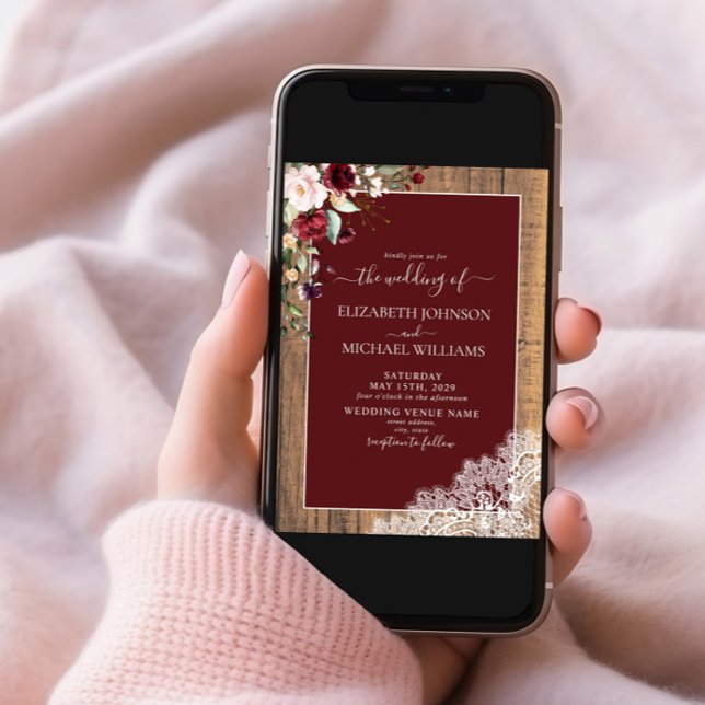 Convite Casamento Fotográfico de Burgundy Blush Botanical  (Criador carregado)