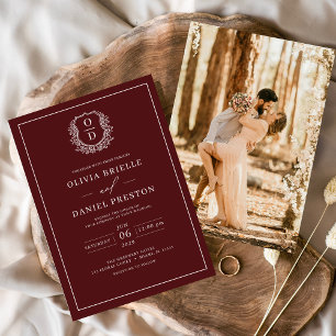 Convite Casamento Fotográfico de Burgundy Leafy Crest Mono