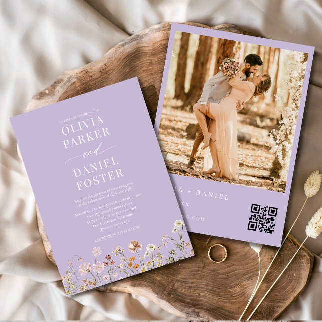 Convite Casamento Fotográfico de Código QR Roxo de Lavanda (Criador carregado)