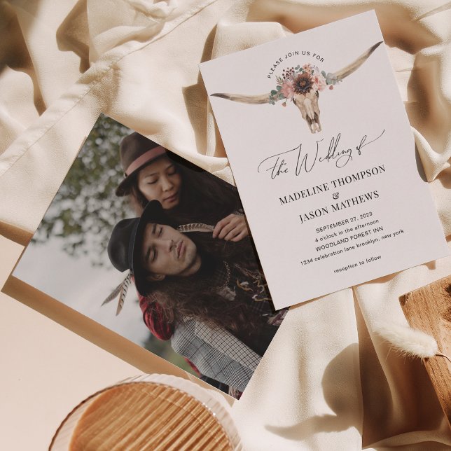Convite Casamento Fotográfico de Crânio de Vaca Floral da  (Criador carregado)