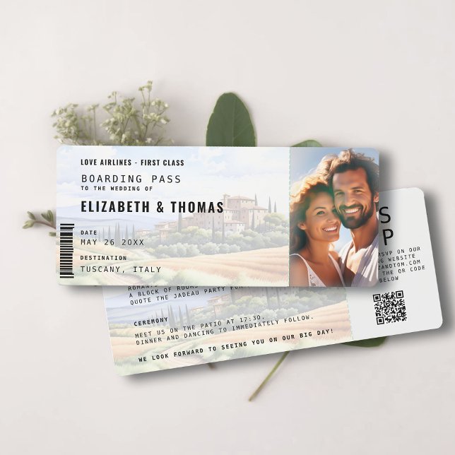 Convite Casamento Fotográfico de Destino da Toscana Embarq (tuscany destination wedding invitation boarding pass all in one qr code photo template)
