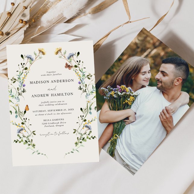 Convite Casamento Fotográfico de Elegante Wildflower Cream (Criador carregado)