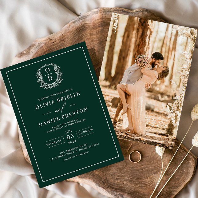 Convite Casamento Fotográfico de Emerald Green Leafy Crest (Criador carregado)