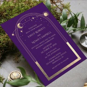 Convite Casamento Fotográfico de estrelas Douradas Roxo Ro