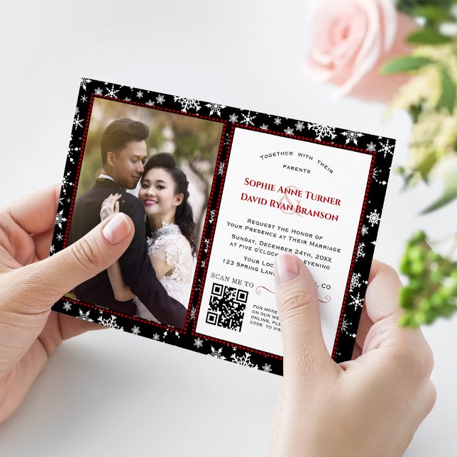 Convite Casamento Fotográfico de Feriados de Inverno Encan (winter holidays photo wedding, snowflakes photo winter wedding, red buffalo plaid wedding invitation)