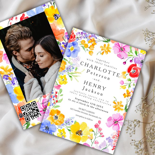 Convite Casamento Fotográfico de Flores de Água Vibrantes  (Criador carregado)