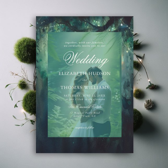 Convite Casamento Fotográfico de Floresta Encantada Manten (enchanted forest photo wedding invitation magical garden fairy lights hanging vines greenery emerald)