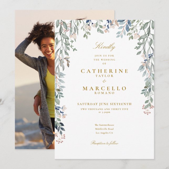 Convite Casamento Fotográfico de Greenery Floral Wildflowe (Frente/Verso)
