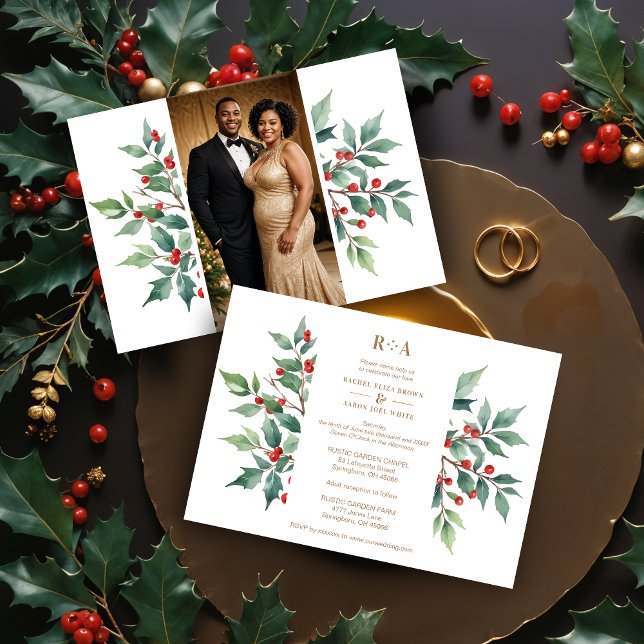 Convite Casamento Fotográfico de Holly do Natal eterno (Timeless Watercolor Effect Christmas Holly Branches Photo Faux Golden Wedding Invitations Cards.)