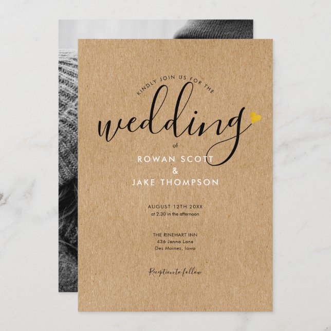 Convite Casamento Fotográfico de Kraft Rustic Heart Dourad (Frente/Verso)