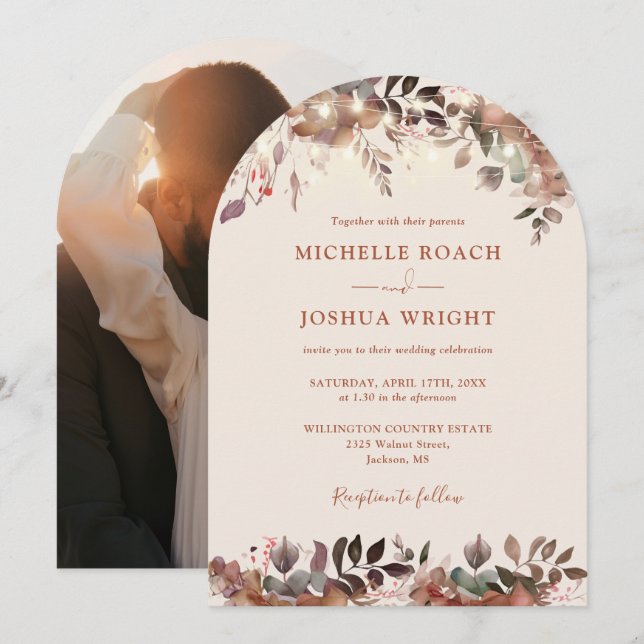 Convite Casamento Fotográfico de Luzes de Arca Floral Rust (Frente/Verso)
