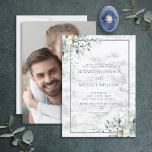 Convite Casamento Fotográfico de Marble, verde-botânico Du<br><div class="desc">Crie o convite perfeito para o casamento com este design de moda com elementos verdes botânicos azuis empoeirados, estrutura azul empoeirada e fundo mármore falso carrera. A parte de trás do convite apresenta a sua fotografia de noivado favorita. Muito obrigado por apoiar a nossa pequena empresa, que apreciamos muito! Estamos...</div>