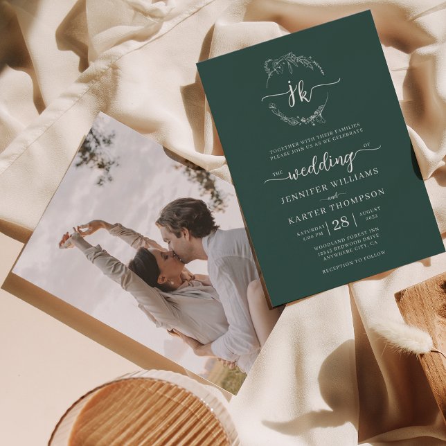 Convite Casamento Fotográfico de Monograma Verde da Flores (Criador carregado)