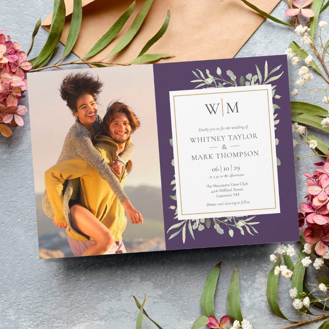 Convite Casamento Fotográfico de Monograma Verde Roxo (Criador carregado)
