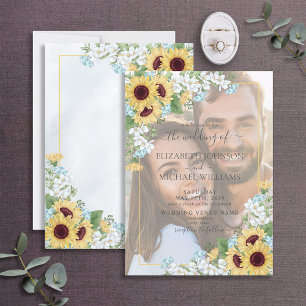 Convite Casamento Fotográfico de Vellum de Girassol Azul 