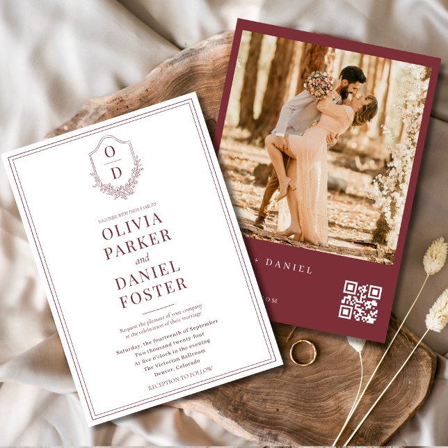 Convite Casamento Fotográfico do Código QR do Burgundy Mod (Criador carregado)