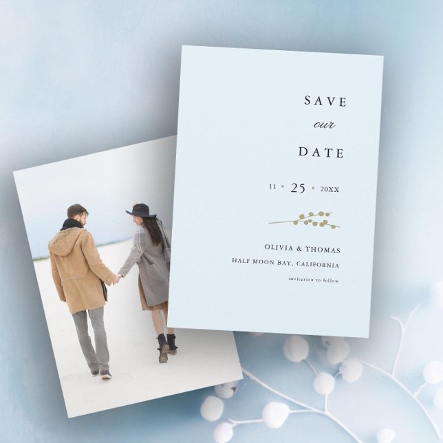 Convite Casamento Fotográfico do Elegant Winter Berries Sa (winter wedding save the date ice blue gold berries botanical elegant modern classic simple classy)