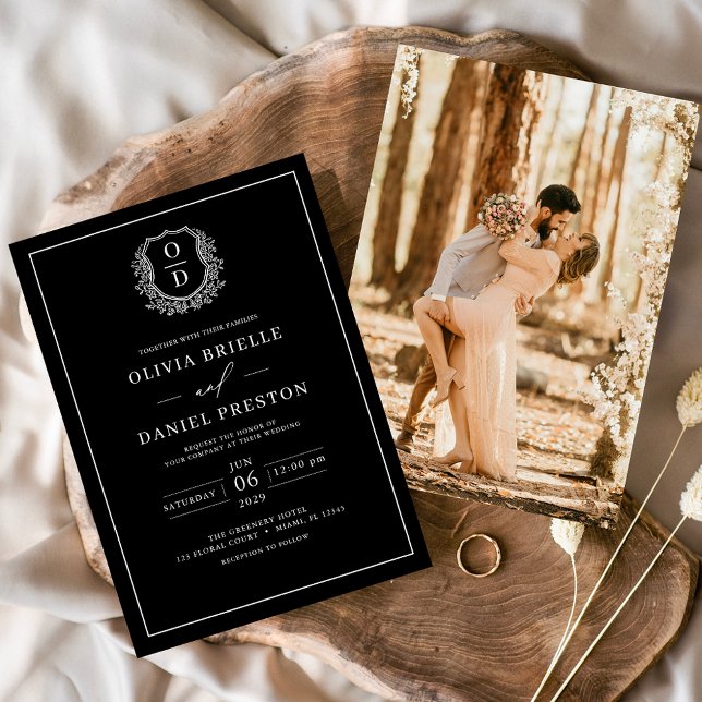 Convite Casamento Fotográfico do Monograma de Folha Branca (Criador carregado)