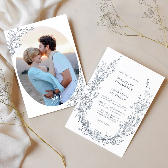 Convite Casamento Fotográfico do Monograma Floral do Azure (Criador carregado)