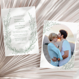 Convite Casamento Fotográfico do Monograma Floral Verde da