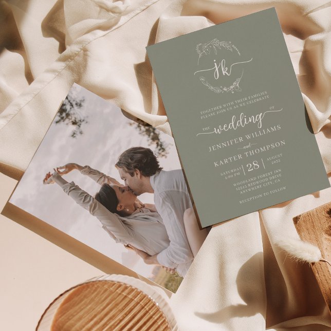 Convite Casamento Fotográfico do Monograma Verde Floral Wr (Criador carregado)