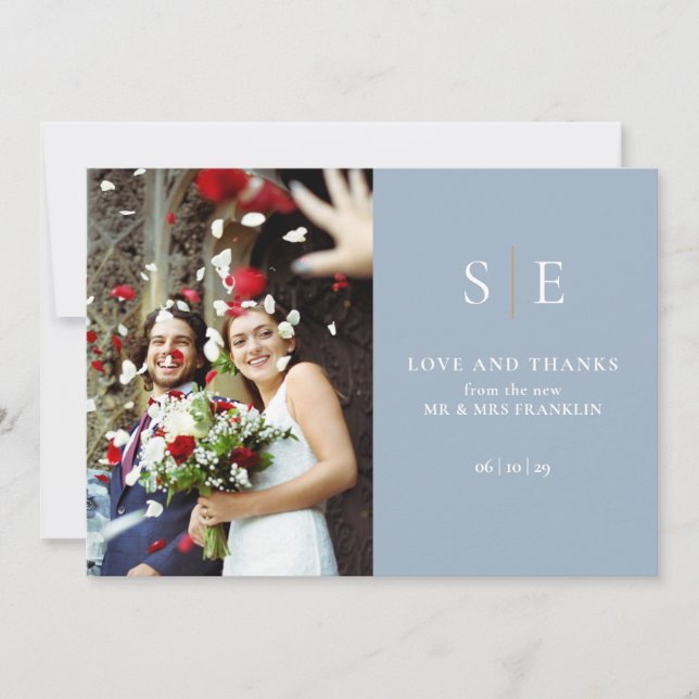 Convite Casamento Fotográfico Dusty Blue E Dourado Monogra (Frente)