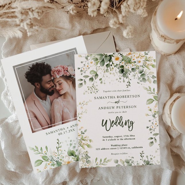 Convite Casamento Fotográfico Elegante Boho Greenery Wildf (Elegant Boho Greenery Wildflower Photo Wedding Invitation)