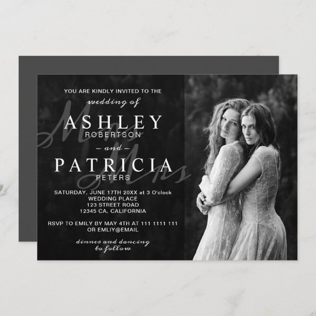 Convite casamento fotográfico elegante branco preto (Frente/Verso)