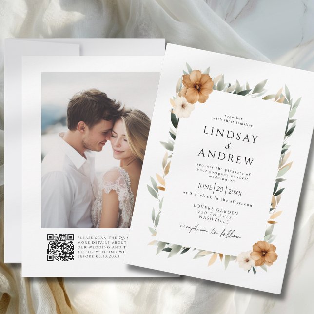 Convite Casamento Fotográfico Elegante com Cobre e Botânic (Elegant Copper & Earthy Botanical Photo & QR Code Wedding Invitation)