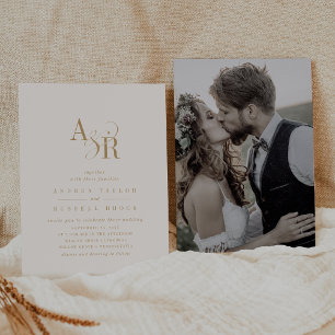 Convite Casamento Fotográfico Elegante de Creme Dourado Ne