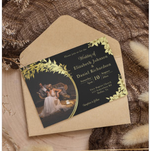 Convite Casamento Fotográfico Elegante Dourado, Preto Com