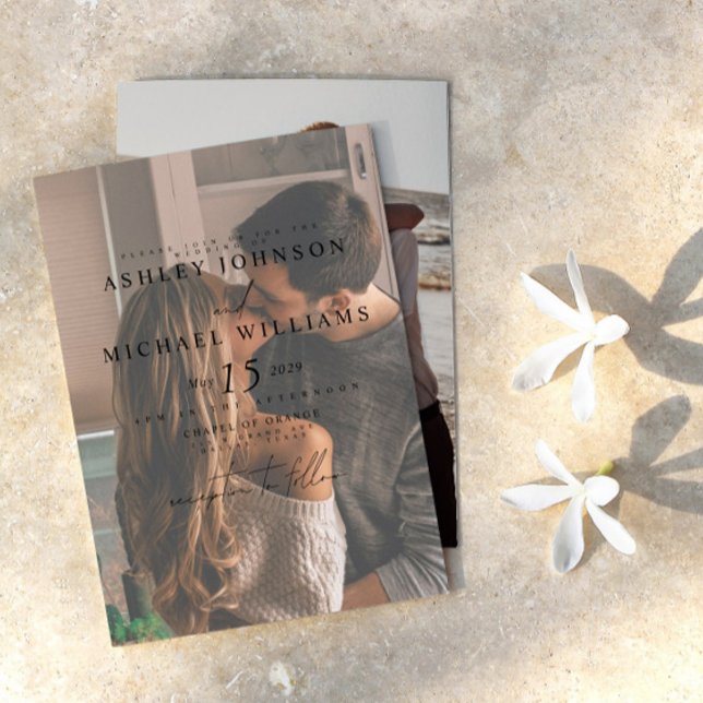 Convite Casamento Fotográfico Elegante Vellum Overlay 2 (Elegant faux vellum overlay invitation that perfectly captures the romance of your special day.)