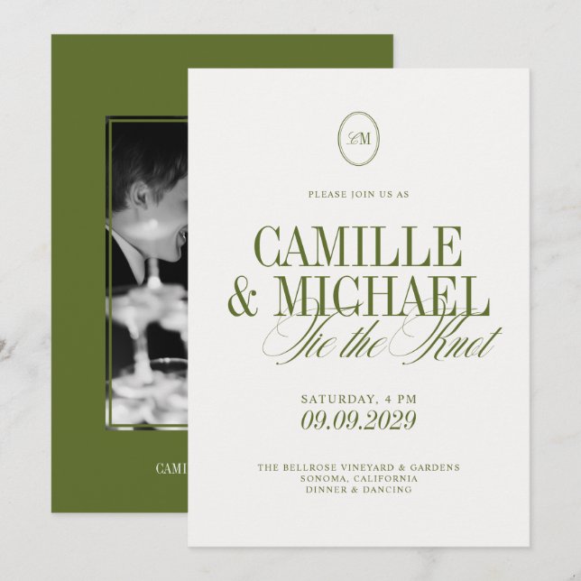 Convite Casamento Fotográfico em Verde Oliva com Caligrafi (Frente/Verso)