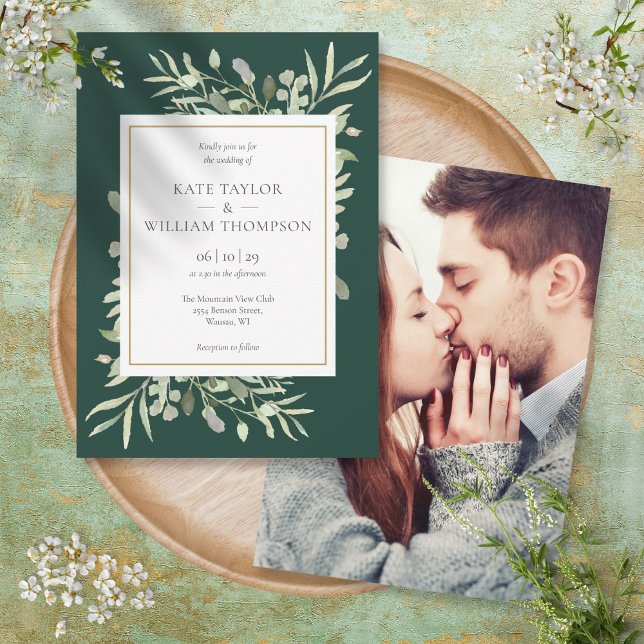 Convite Casamento Fotográfico Esmeralda Ouro Greenery Eleg (Elegant Greenery Emerald Gold Photo Wedding Invitation)