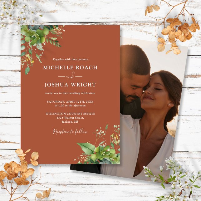 Convite Casamento Fotográfico Eucalyptus Greenery Terracot (Eucalyptus Greenery Terracotta Photo Wedding Invitation)