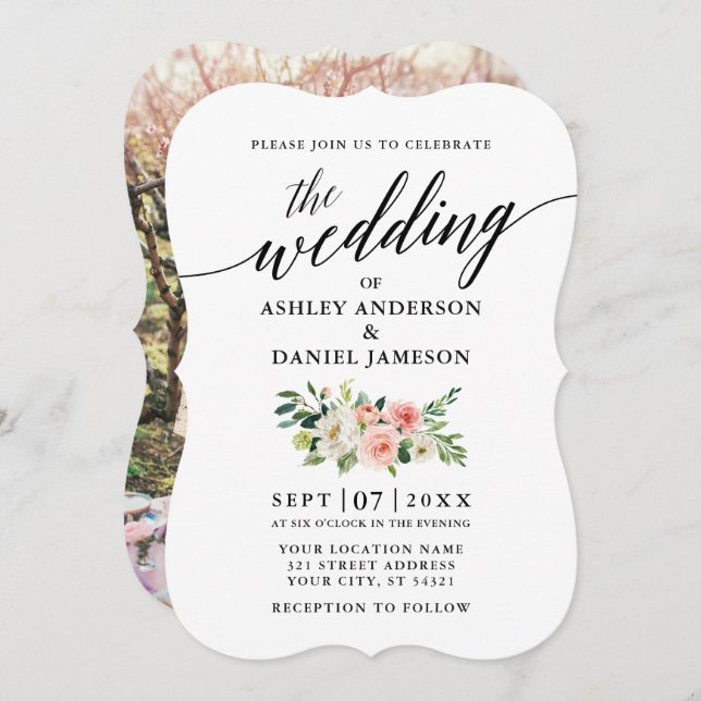 Convite Casamento Fotográfico Floral Branco Cor-de-Rosa (Frente/Verso)