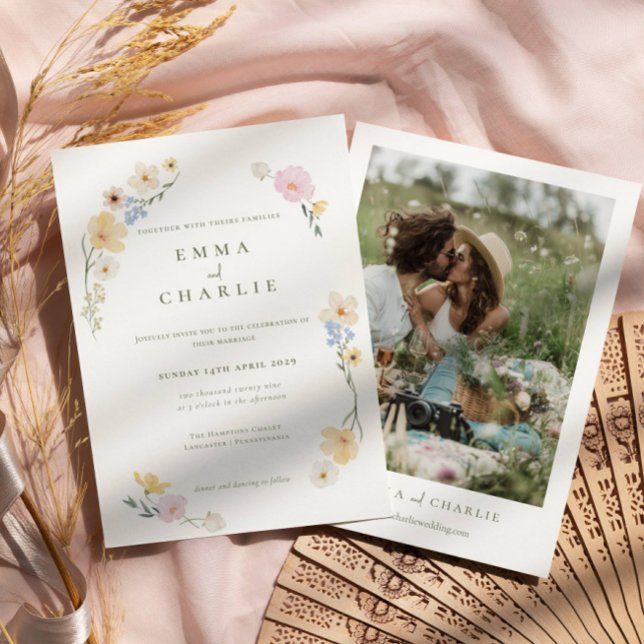 Convite Casamento Fotográfico floral Chic Boho Pastel (Criador carregado)