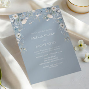 Convite Casamento Fotográfico Floral de Flores Azuis Elega