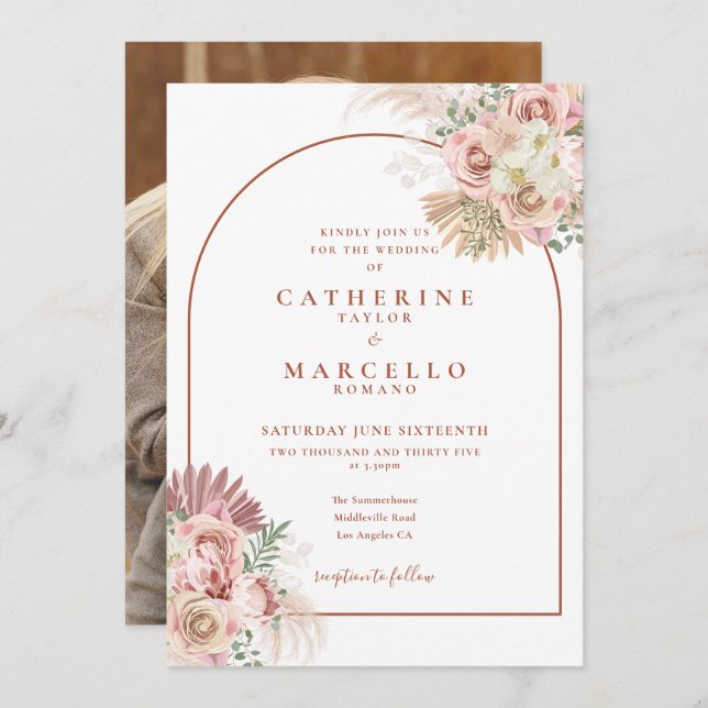 Convite Casamento Fotográfico Floral do Arch Terracotta Gr (Frente/Verso)