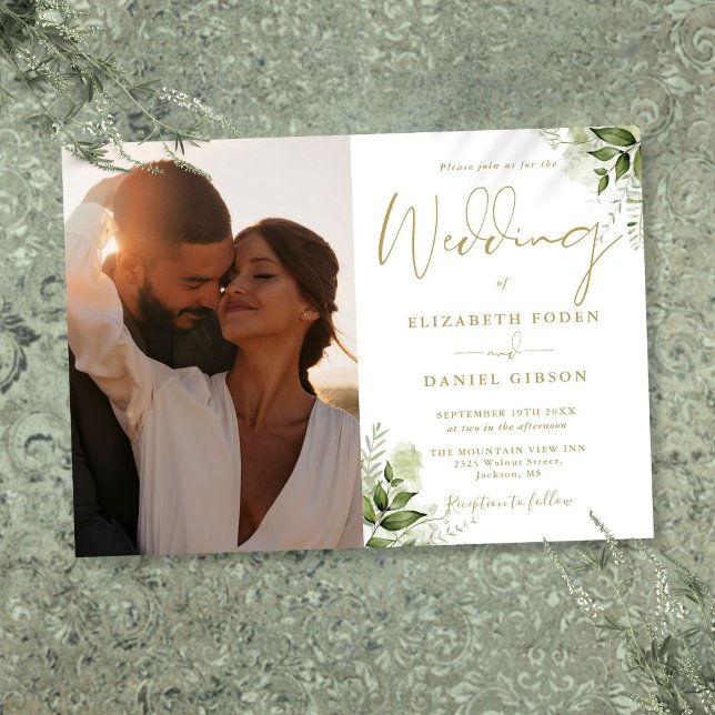 Convite Casamento Fotográfico Floral Dourado Elegante (Elegant Gold Greenery Floral Photo Wedding Invitation)