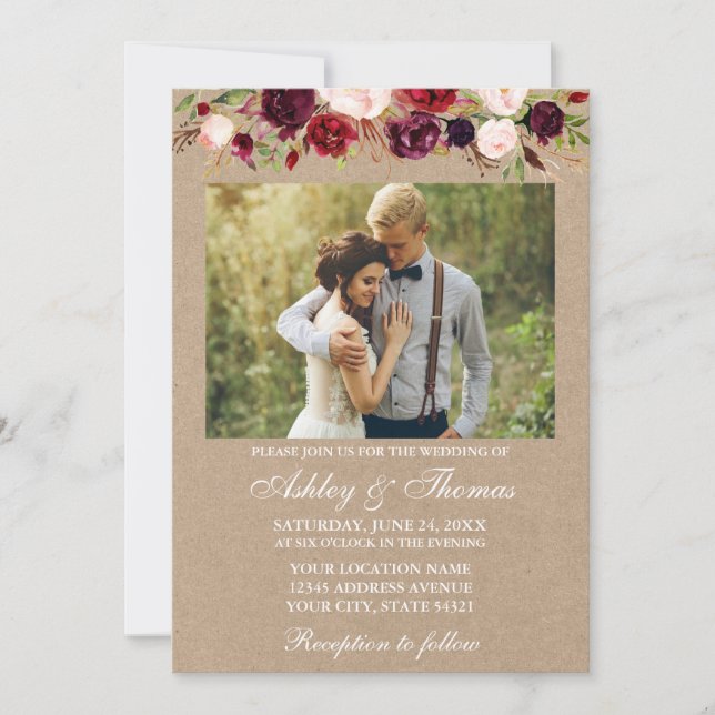 Convite Casamento Fotográfico Floral Kraft Burgundy (Frente)