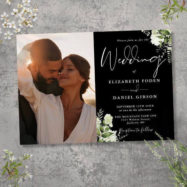 Convite Casamento Fotográfico Floral Preto E Verde Branco (Black And White Greenery Floral Photo Wedding Invitation)