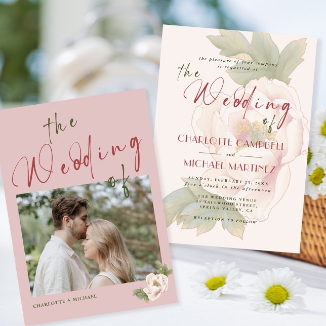 Convite Casamento Fotográfico Floral Romântico Pink Peony (Criador carregado)