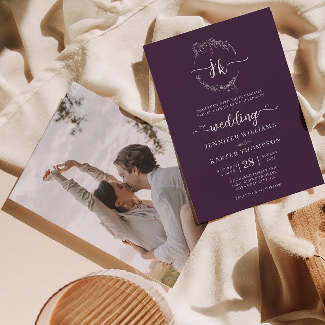 Convite Casamento Fotográfico Floral Violet Monograma (Criador carregado)