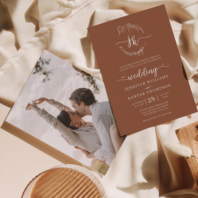 Convite Casamento Fotográfico Floral Wreath Terracotta Mon (Criador carregado)