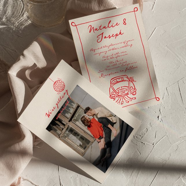 Convite Casamento Fotográfico Gratuito Retro Vermelho Dese (Criador carregado)