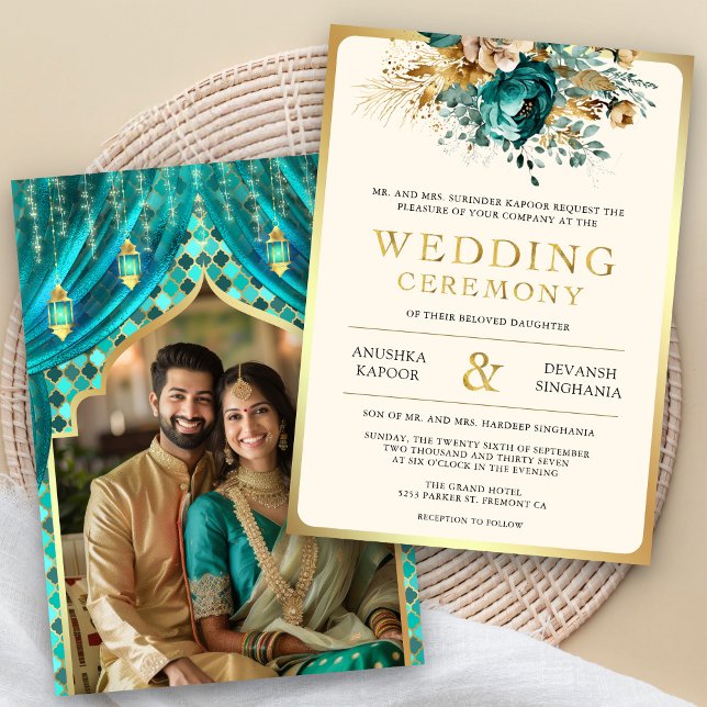 Convite Casamento Fotográfico Hindu Dourado Teal Floral In (Criador carregado)
