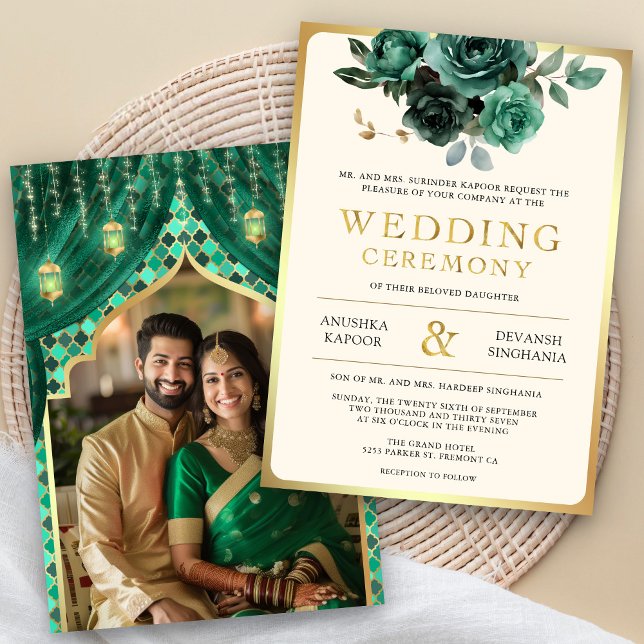 Convite Casamento Fotográfico hindu indiano Floral Dourado (Criador carregado)
