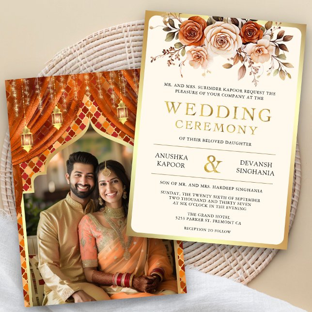 Convite Casamento Fotográfico Hindu Indiano Floral Dourado (Criador carregado)