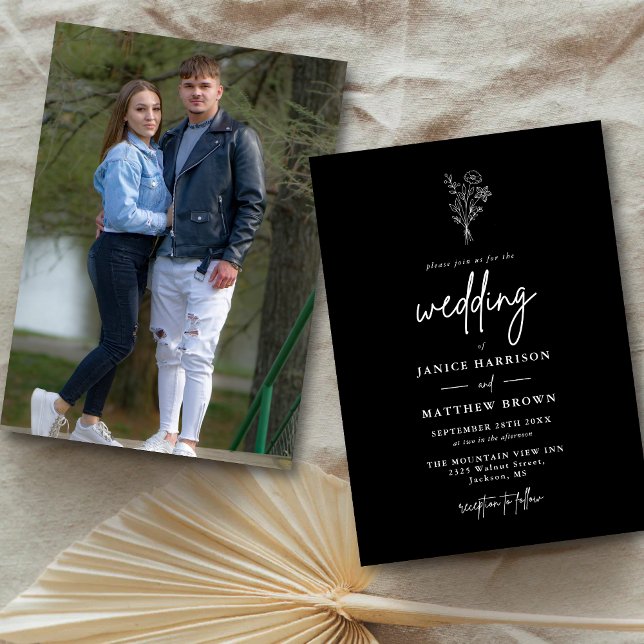 Convite Casamento Fotográfico Minimalista Boho Preto e Bra (Black and white boho photo invitation adds modern charm while showcasing your love story beautifully)